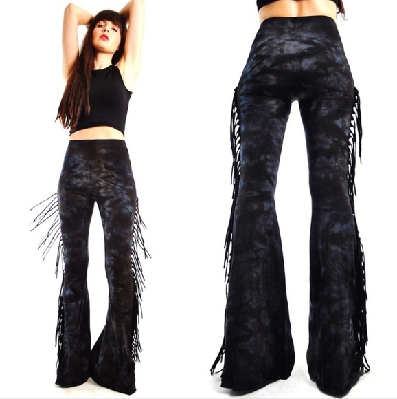 High Waisted Fringe Bell Bottoms in Black & Grey TIE DYE Rocker Festival Metal - Picture 5 of 8